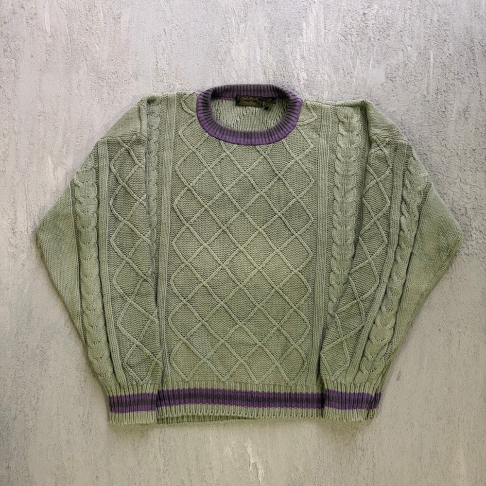 Vintage Eddie Bauer Sweater XL Green 1990s Cable Knit Cotton Crewneck
